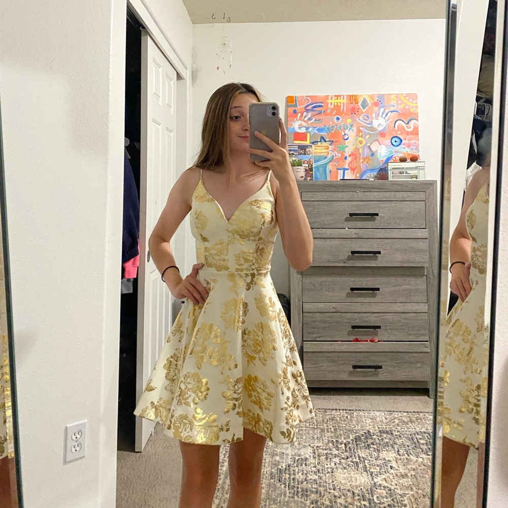 white and gold macy’s homecoming dress